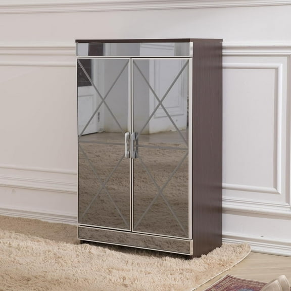 Mirror Shoe Cabinet, 4 Tiers Modern Shoe Storage Cabinet with Adjustable Shelf, Freestanding Shoe Rack Organizer for Entryway, Closet, Brown