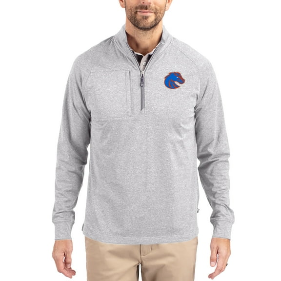 Women's-Cutter & Buck  Heather Gray Boise State Broncos Adapt Eco Knit Stretch Recycled DryTec Raglan Quarter-Zip