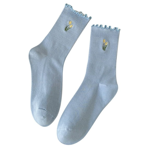 Price Drop! Luxalzxs Ruffle Socks Woman Cute Floral Embroidery Crew Socks Casual Trendy Girls Solid Color High Ankle Comfy Breathable Calf Socks