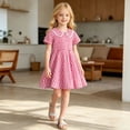 thumbnail image 4 of Girls Short Sleeve Gingham Plaid A-Line Dress Lace Trim Peter Pan Collar Flared Summer Sundress Kids Daily Outdoor Casual Princess Dress(Red,13-15 Years), 4 of 5