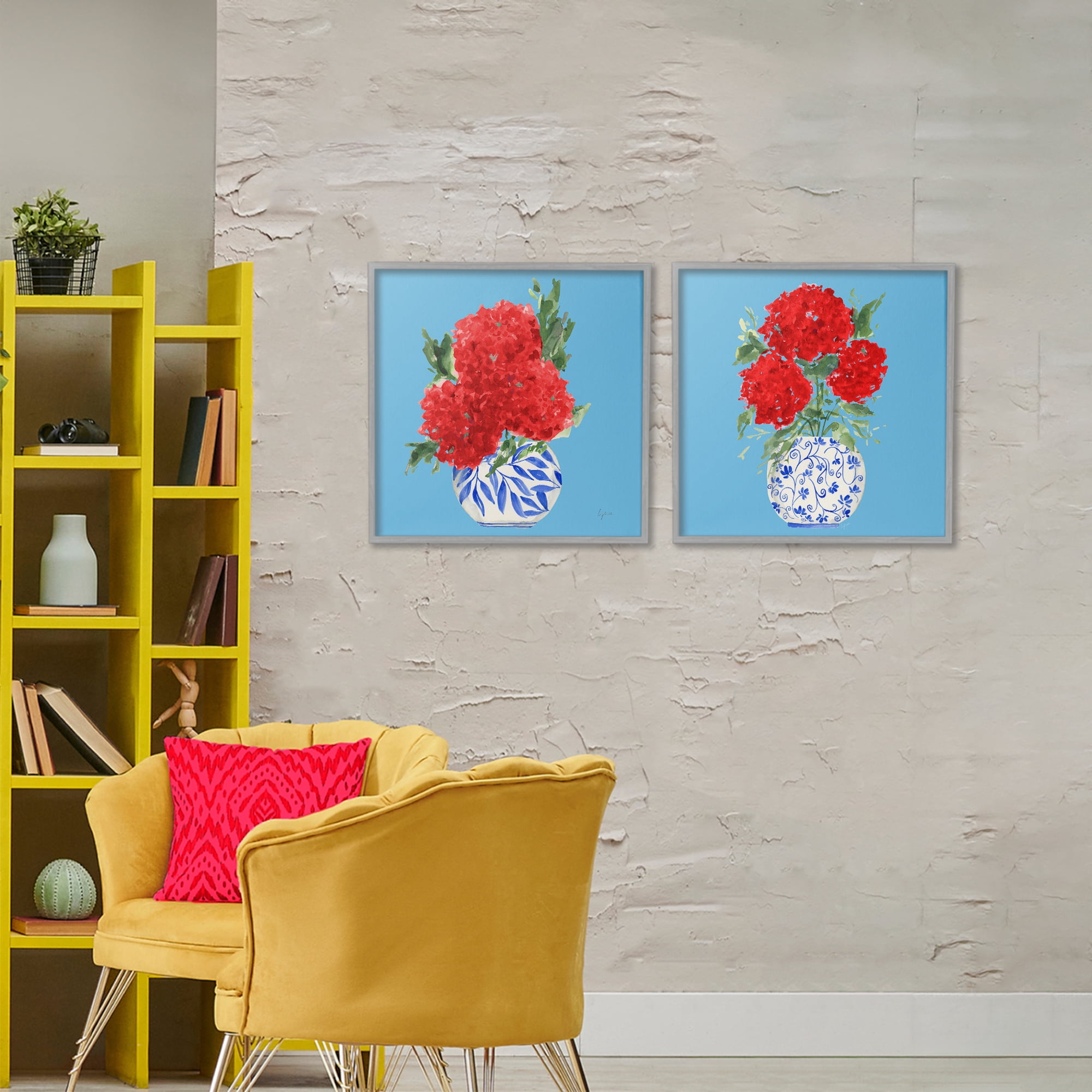 Stupell Industries Bright Red & Blue Hydrangeas 2 Piece Gray Framed Giclee Art Set, design by Lucille Price