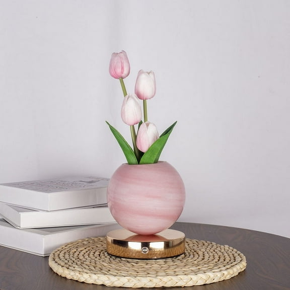 Simulation Flower Bouquet Tulip Desk LED Night Light， for Home Living Room Decor Artificial Flower with Vase Table Centerpieces for Birthday Holiday Party Wedding Room Decoration (Pink)
