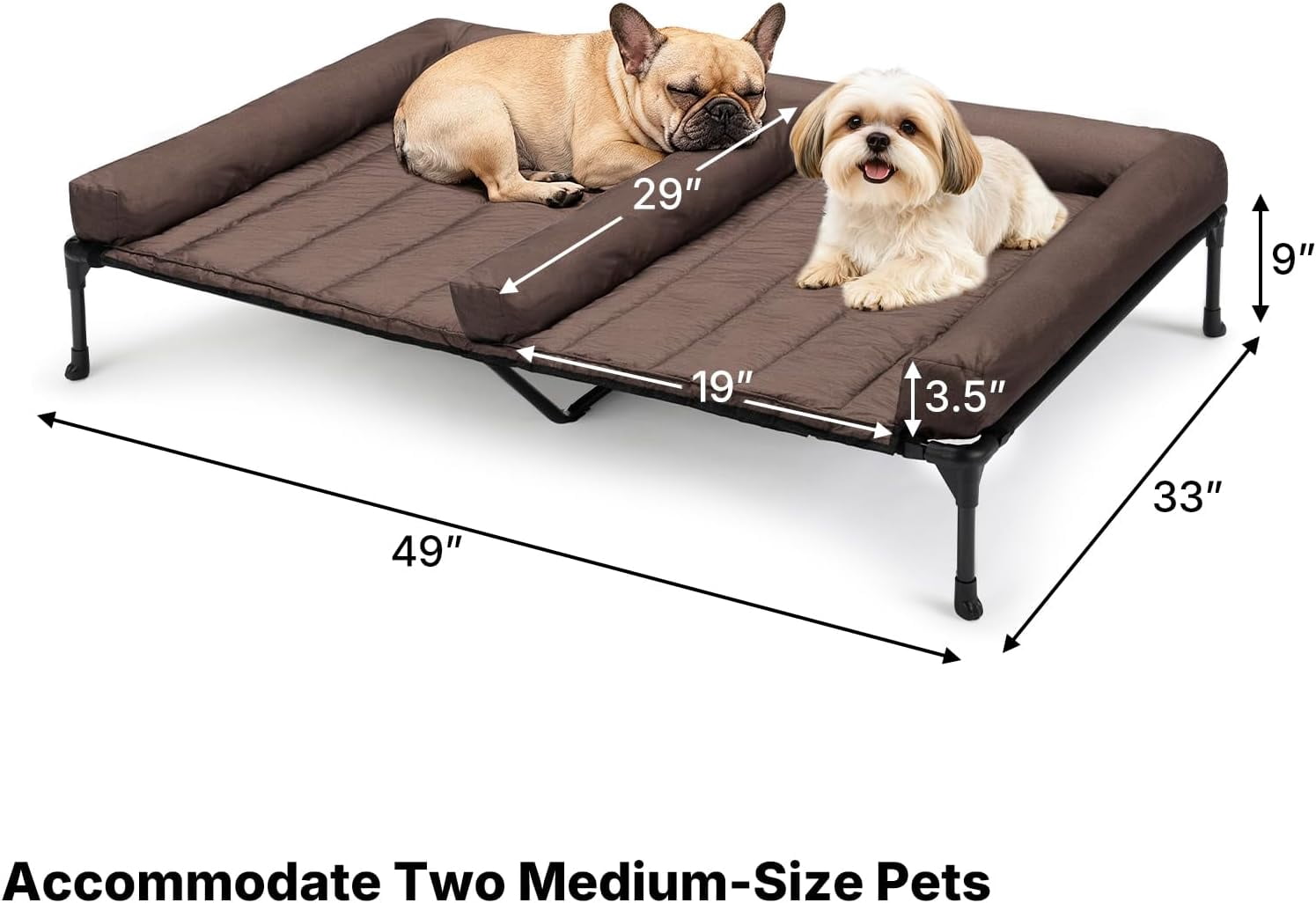 Elevated Dog Bed for Two Dogs, Cooling Raised Dog Bed with Removable Waterproof Bolster Mat, 53" x 37.5" Double Dog Bed, Outdoor & Indoor Pet Cot with Breathable Mesh, Non-Slip Feet, Brown