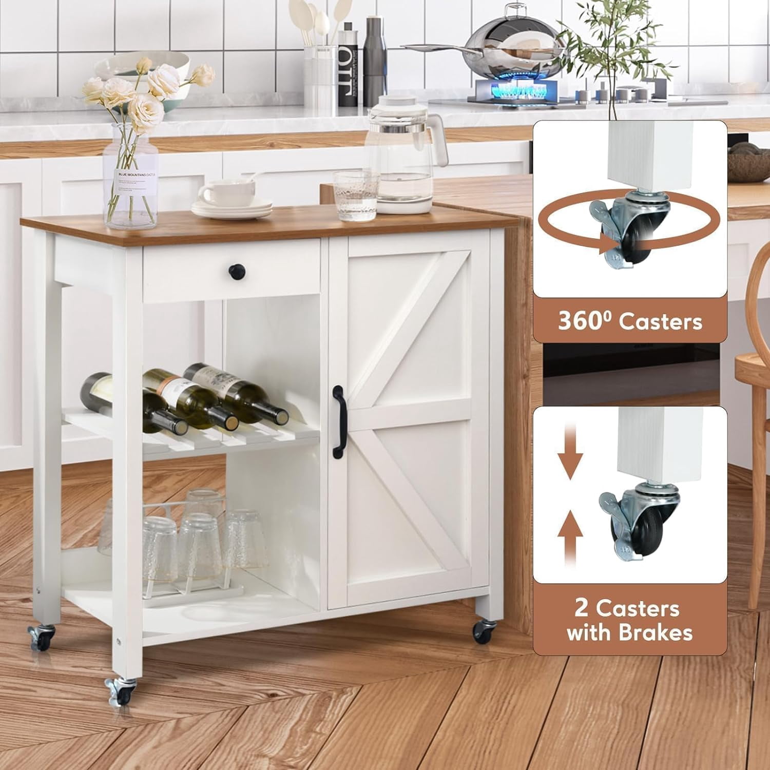 Kitchen Island Cart, Farmhouse Kitchen Island with Storage Drawer Wine Rack, Kitchen Cart Microwave Stand with Adjustable Shelf Island Table for Kitchen, Living Dining Room, White