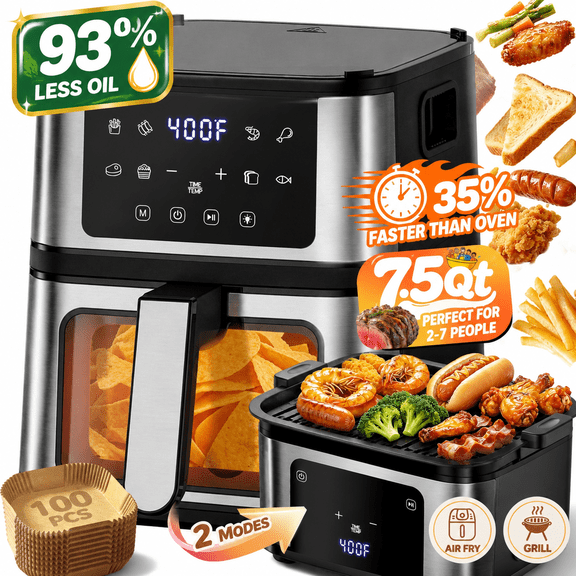 7.5QT Multifunctional Air Fryer Oven, Air Fry, Grill, Roast & Bake, Large Family Capacity, 1450W Heating, 360° Air Circulation, Auto Shut-Off, Easy-Clean Basket, 100 Free Liners