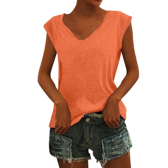 Rggeeun Women T-Shirts Sleeveless Solid Color V-Neck Loose Shirt Soft Everyday Basic Tank Top Comfortable Casual Top For Ladies，L，Orange