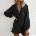 thumbnail image 2 of Women's Summer Long Sleeve Shorts Romper Solid Color Drawstring Botton Down Loose Casual Jumpsuits with Pockets, 2 of 6