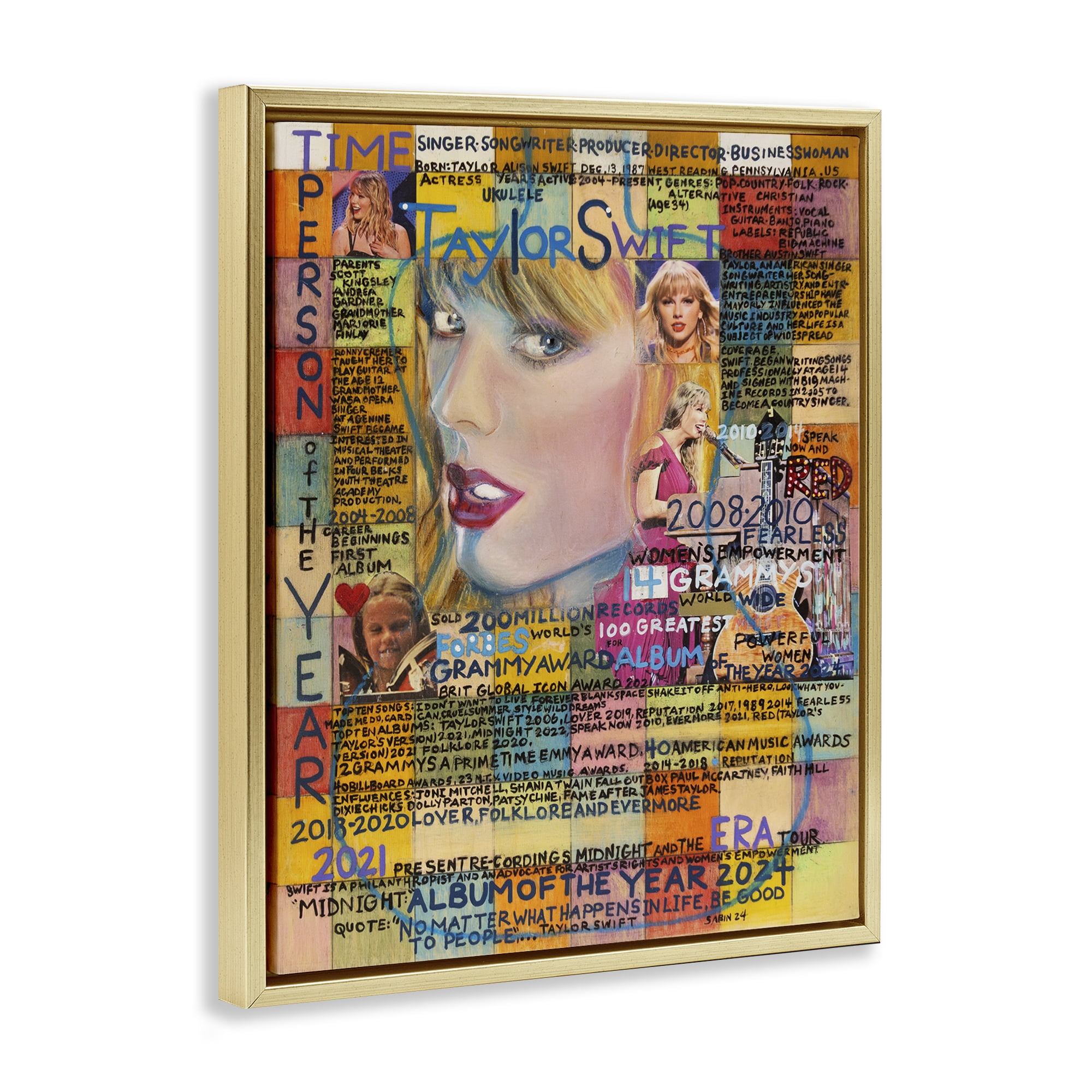 Stupell Industries Taylor Musician Collage People Drawing Gold Floater Framed Canvas Art Print Wall Art, 25 x 31