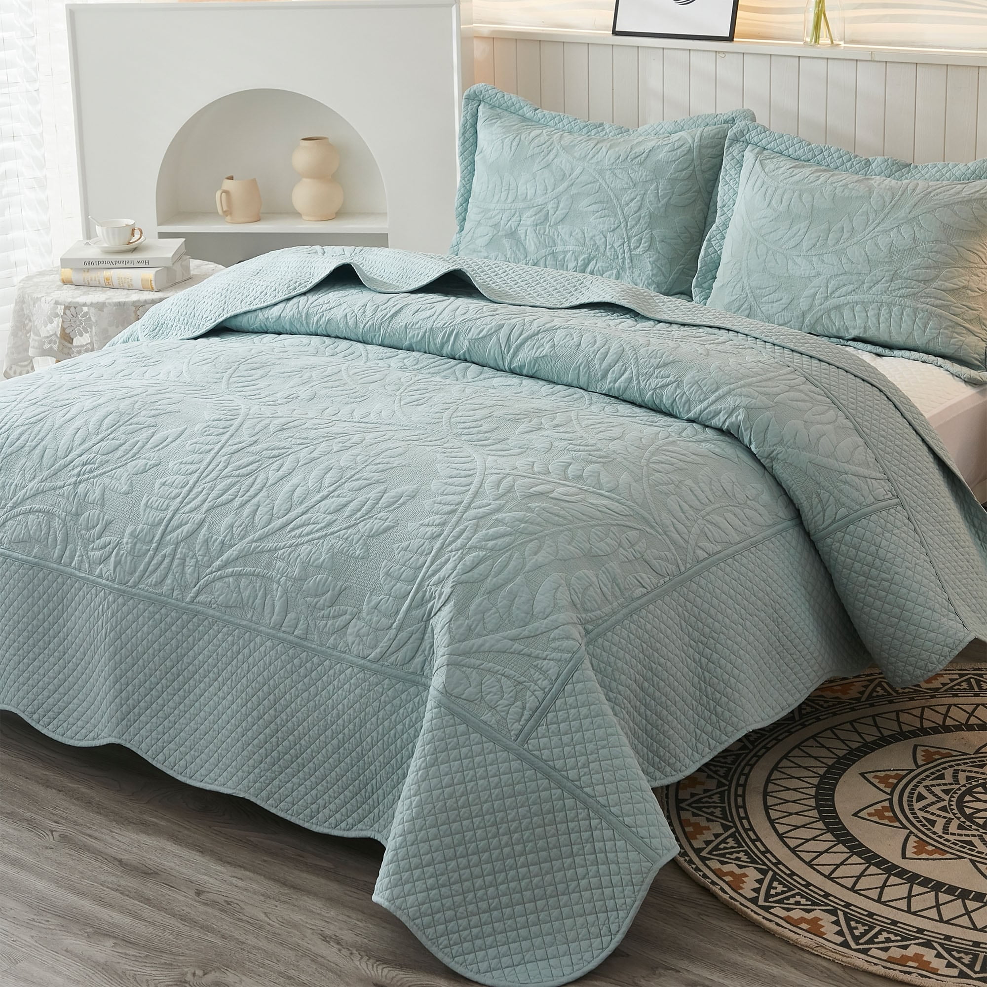 MarCielo  3 Piece Cotton Oversized Bedspread Quilt Set Tmonica Aruba Blue - Oversized King