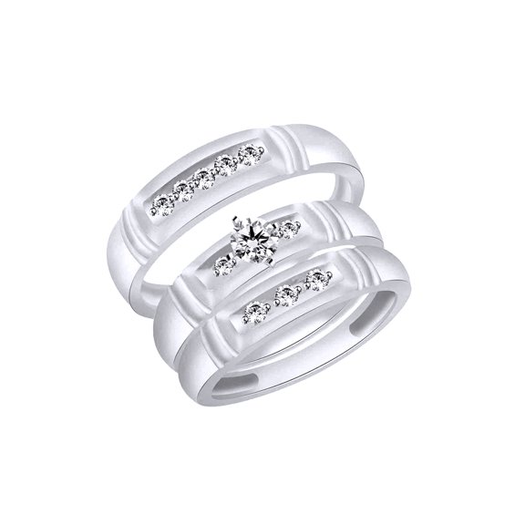 AFFY White Natural Diamond Accent Engagement & Wedding Trio Band Ring Set In 10k White Gold (0.06 Cttw)