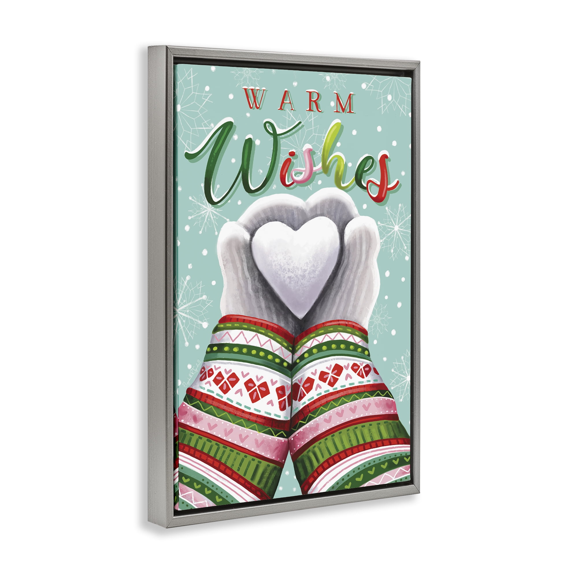 Stupell Industries Warm Wishes with Heart Holiday Painting Gray Floater Framed Art Print Wall Art, 21 x 31