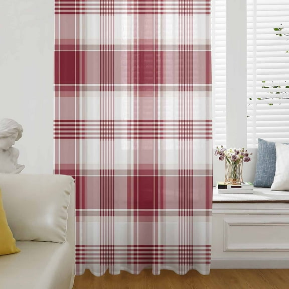 Red Checkered Semi Sheer Curtains Drapes for Living Room, Bedroom, French Doors Window 84 Inches Long, Red White Plaid Farmhouse Rod Pocket Chiffon Curtain Drapery Voile Draperies Panel
