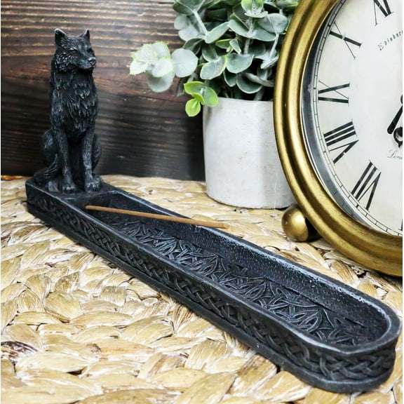 Ebros Stoic Sitting Alpha Wolf Incense Burner Holder 9.5" Long Home Decor