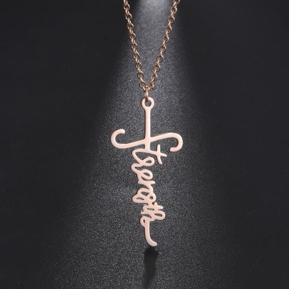 TEAMER Strength Cross Pendant Rosegold Necklaces for Women Stainless Steel Letter Necklace choker Fashion Aesthetic Jewelry collier