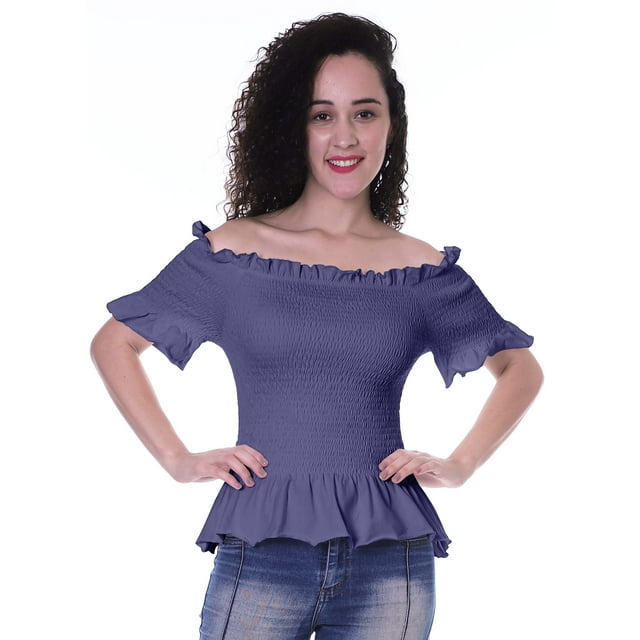 Moomaya Womens Off Shoulder Smocked Top Solid Short Sleeve Casual Summer Tops