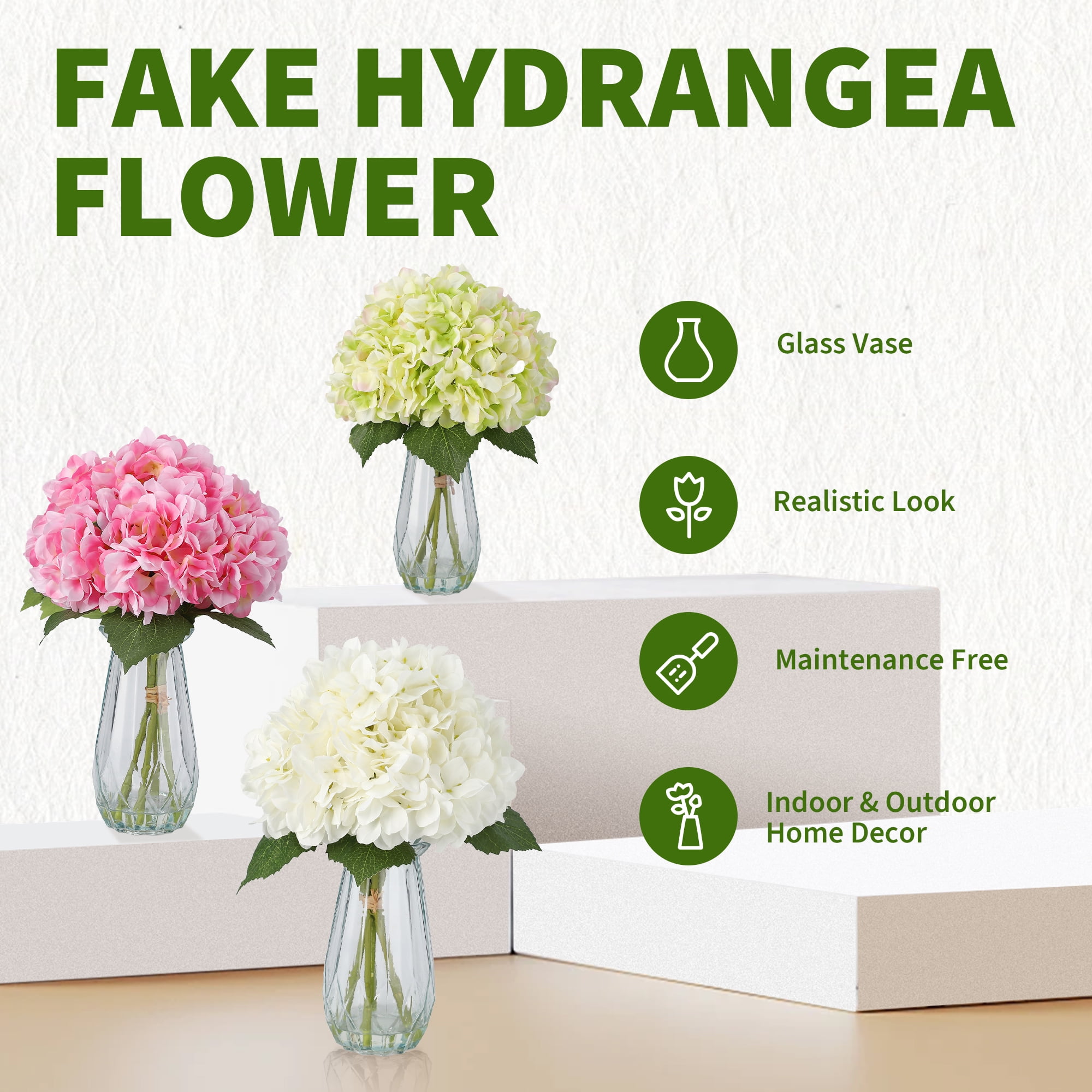 5 Pcs 16" Realistic Artificial Hydrangea with Glass Vase, Large Real Touch Flowers Artificial Flowers Dry Flowers Outdoor Wedding Christmas Office Family Party Living Room Table Decoration (White)