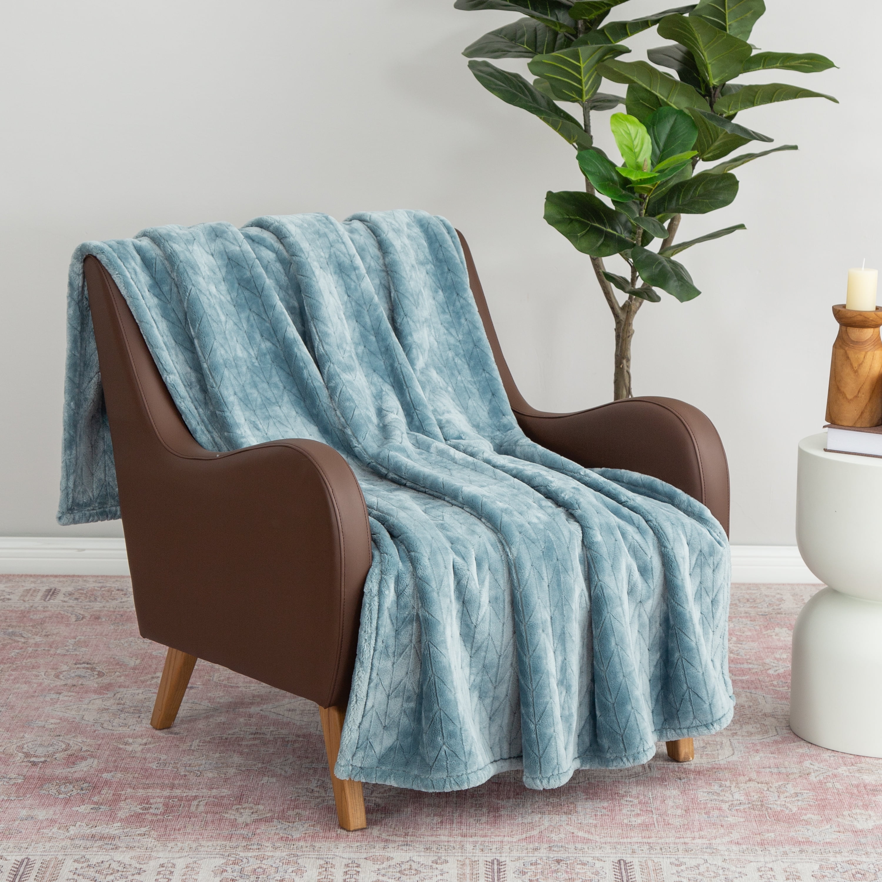 Better Homes & Gardens Textured Velvet Plush Soft Fleece Throw Blanket, Oversized, Nimbus Blue