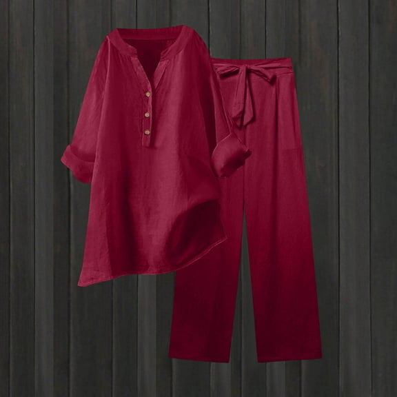 Women Sets 2 Piece Outfits Summer Two Piece Sets for Women Pants Suits for Women Lounge Wear for Women 2 Piece Set Casual Sets for Women 2 Piece Fashion Solid Color and Linen Loose Casual Suit