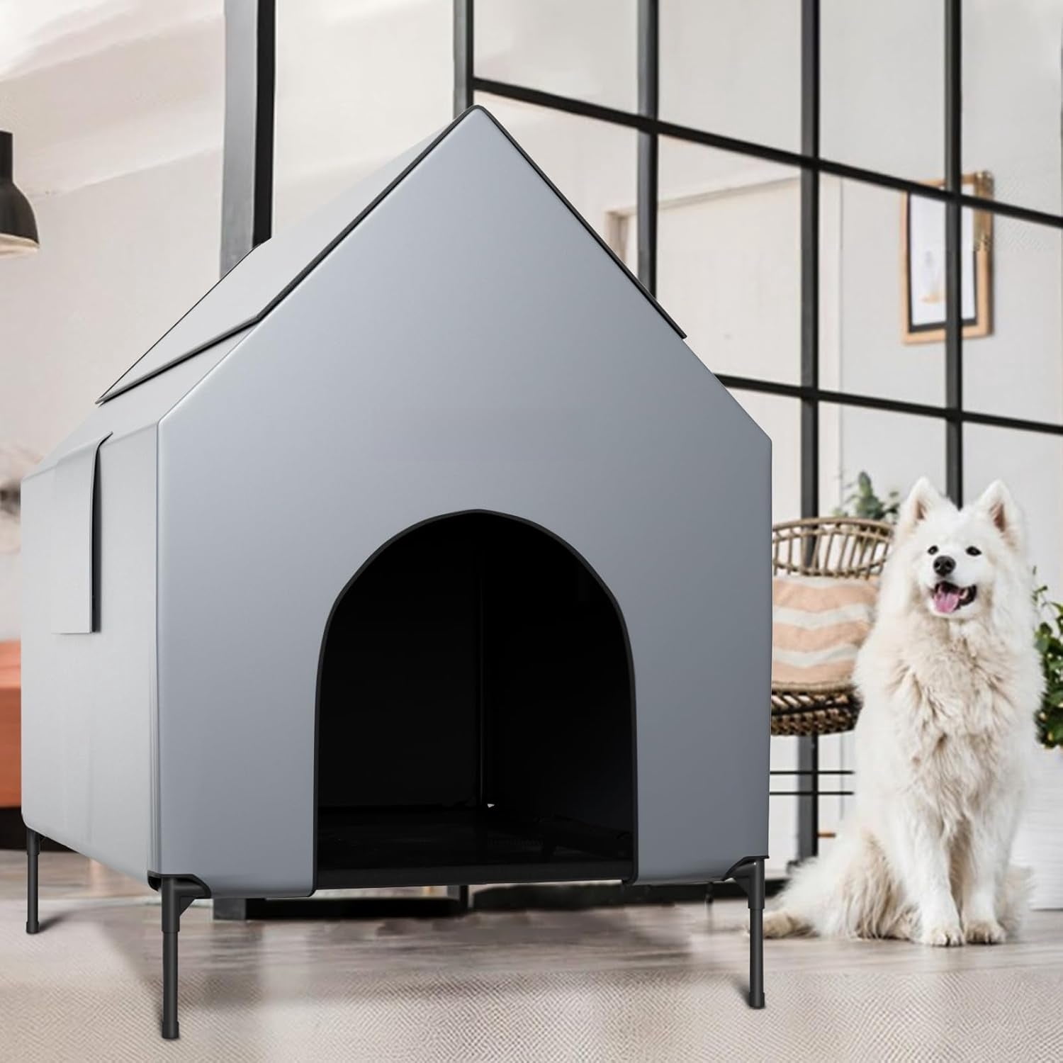 36" Dog House for Outdoor Indoor, Large Dog Houses Weatherproof 600D PVC with 7.9" H Textilene Elevated Dog Bed Breathable, Easy to Clean, Dog House Max 160lbs