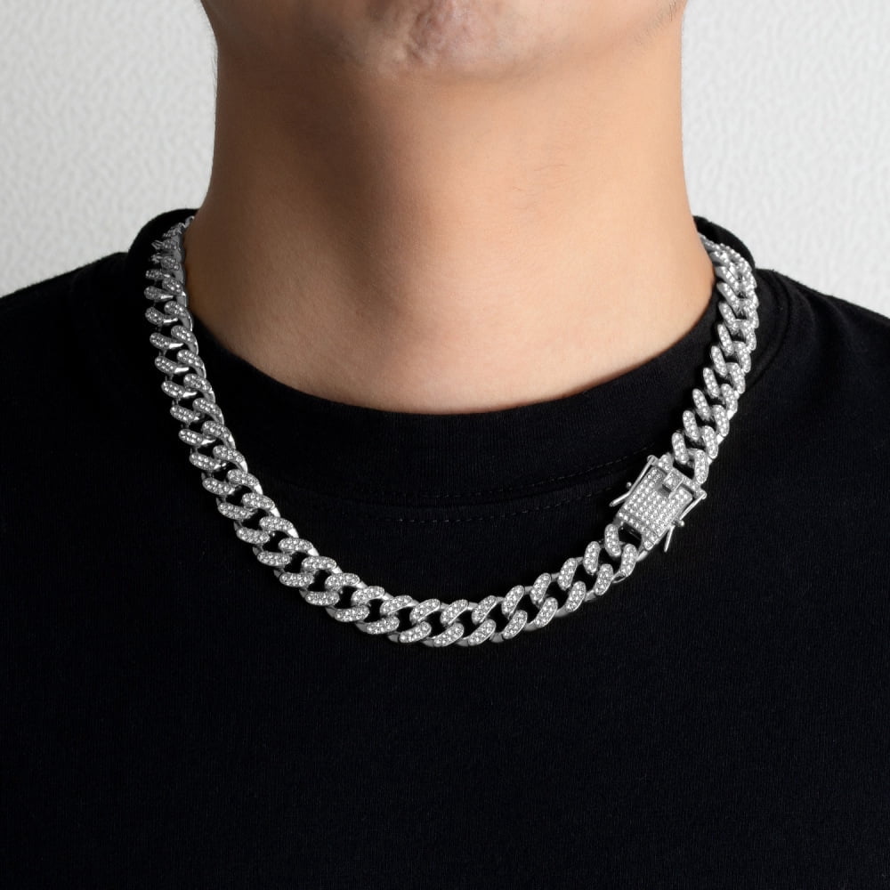 Cuban Link Chain Miami Cuban Necklace Gold/Silver Plated Diamond Cut Stainless Steel Chain for Men Women 13mm Iced Out Hip Hop Jewelry