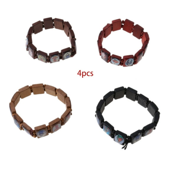 Necvior 4 Pcs/Set Catholic Prayer Bracelet Elastic Bead Bracelet Wooden Icon Bracelet Rosary Bracelet Jewelry Gift for Men Women