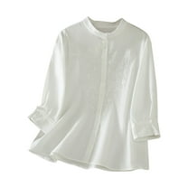 Fesfesfes Women's Casual Tee Delicate Hollow-Out Embroidered 3/4 Sleeved Stand up Collar Tops with Buttons Fall Trendy Outdoor Blouses(White,M)