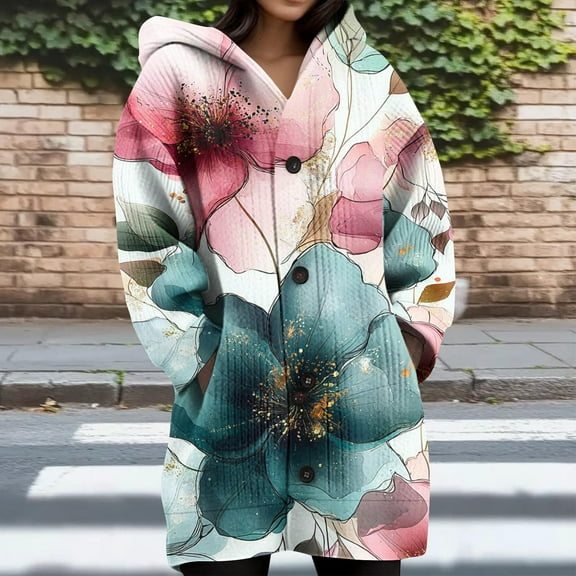 Oksale Floral Print Long Cardigan for Women Oversized Button Down Fall Sweaters with Hood Comfy Long Sleeve Knitting Jackets 2025 Multicolor M