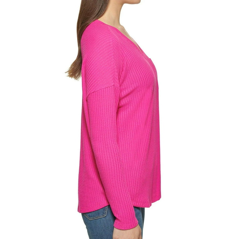 Calvin Klein Women s V Neck Honeycomb Waffle Knit Top Electric Pink M