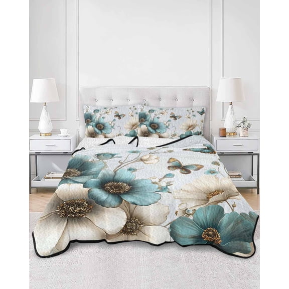 Quilts King Size, Teal Tulip Butterfly Soft Comforter Bedding Set for Bed, Beige Turquoise Floral Blue Coastal Lightweight Quilted Bedspread with Pillow Cover(2 Pieces) for All Season, 96x106 Inch