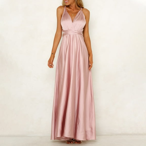 CENL Women Elegant Satin V-neck Evening Multi Way Wrap Ball Gown Formal Maxi Dress