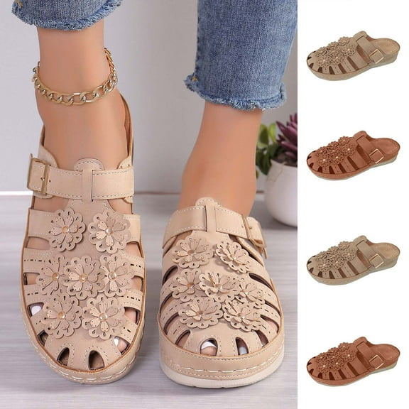 Womens Sandals Comfortable Summer Plus-size Casual Flower Baotou Wedge Flat Beach Sandals