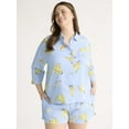 thumbnail image 2 of Joyspun Women’s Woven ¾ Sleeve Notch Collar Top and Boxer Shorts Pajama Set, Sizes XS-3X, 2 of 4