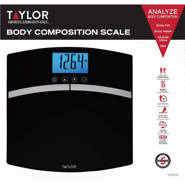 Taylor Body Composition Bathroom Scale for Body Weight, 400 lb Capacity,  Easy to Read Blue Backlight Display, Body Composition Analysis, Black
