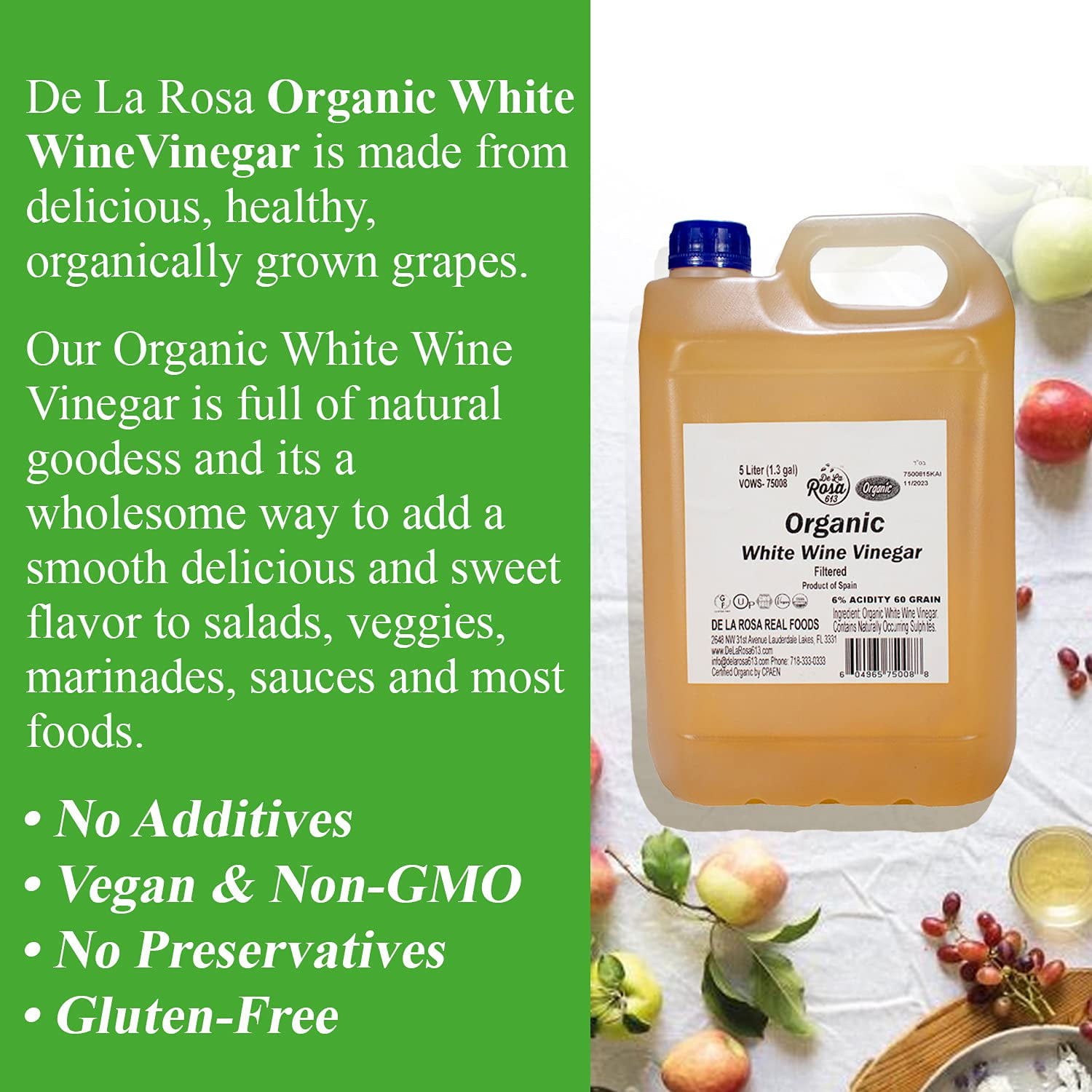 De La Rosa 613 Organic White Wine Vinegar, Filtered, Vegan, Gluten-Free, 5 Liters