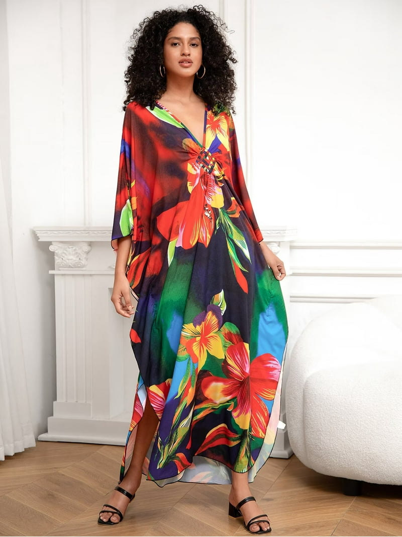 beach cover up dress for older ladies Edolynsa Womens Floral Kaftan Plus Size Caftan Loungewear Bathing Suit Maxi Dress Women Summer Dress collection-auto_mimi
