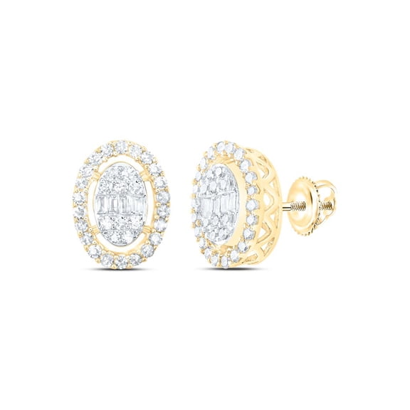 10K Yellow Gold Genuine Baguette Diamond Unisex Oval Halo Stud Earrings 3/8 CT