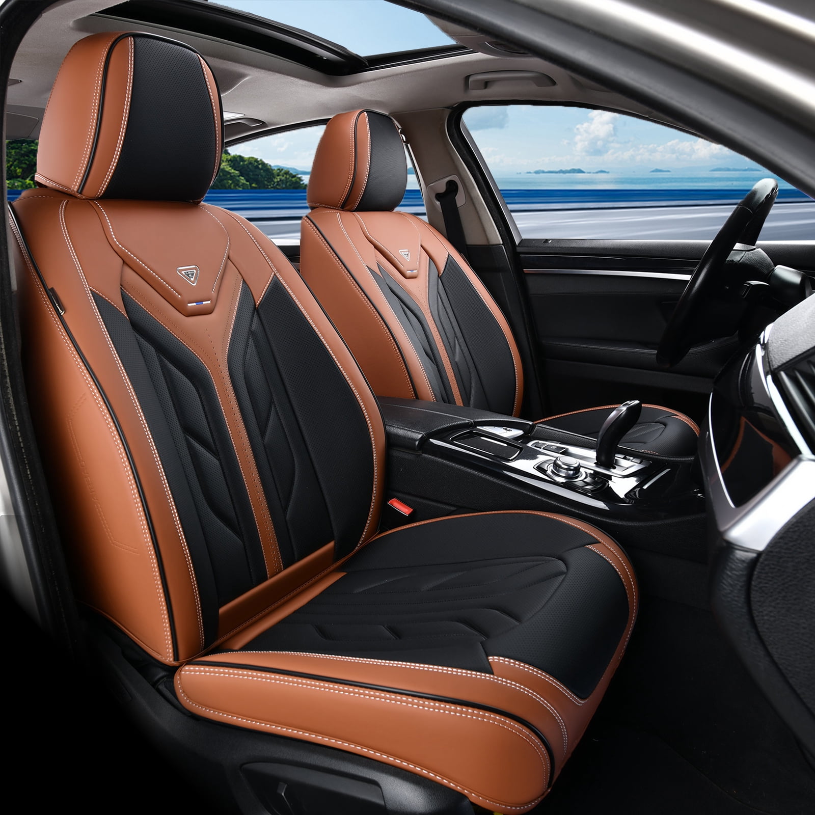 Coverado Car Seat Covers Full Set, Waterproof Airbag Compatible Faux Leather Front and Back Car Seat Protectors, Universal Fit for Most Sedans SUV Pick-up Truck, Black&Brown