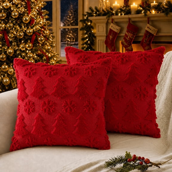 decorUhome Christmas Throw Pillow Covers 18x18 Pack of 2, Soft Plush Faux Wool Couch Pillow Covers, Red (Pillow Cover Only, No Inserts Included)
