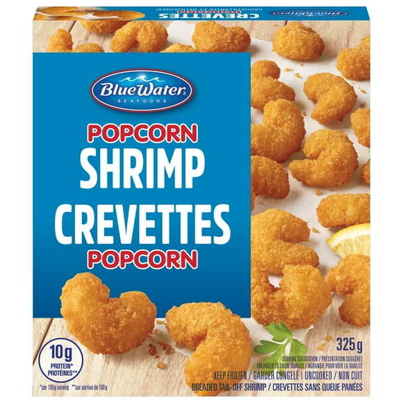 BlueWater Seafoods Popcorn Shrimp Whole, Tail-Off Shrimp, Breaded with Crunchy Panko Breadcrumbs, Frozen, 325 g Package, Crunchy panko breaded popcorn shrimp