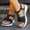 Black, variant on Women's Platform Sandals, Perforated Faux Leather T-Strap Shoes, Comfortable Wide Width Casual Dress Sandals for Daily Walk Summer, Black/Beige/Navy