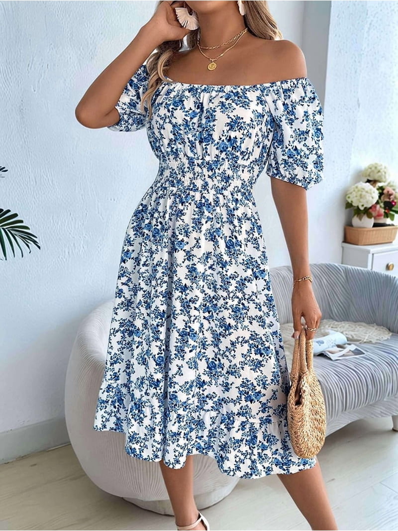 square neck off shoulder dress Women Off Shoulder Dress Floral Puff Sleeve Knee-Length A-Line Square-Neck  Dresses White L