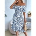 thumbnail image 4 of Women Off Shoulder Dress Floral Puff Sleeve Knee-Length A-Line Square-Neck Dresses Blue L, 4 of 9