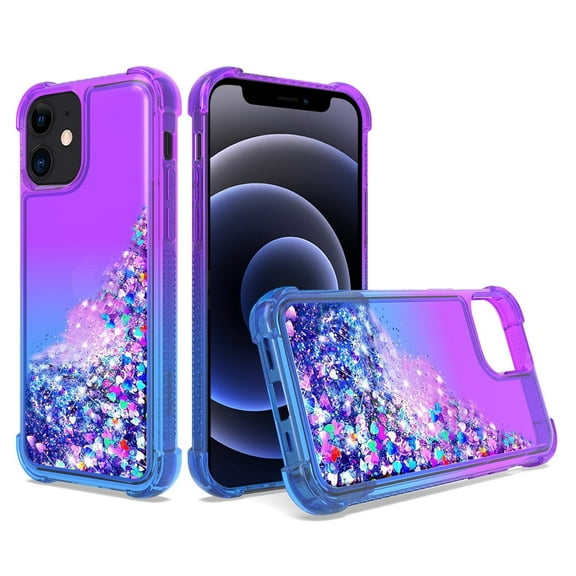 For APPLE IPHONE 12 MINI Phone Cases, Quicksand Bling Hybrid Rubber TPU Shiny Flowing Glitter Liquid Bumper Cover For APPLE IPHONE 12 MINI In Purple