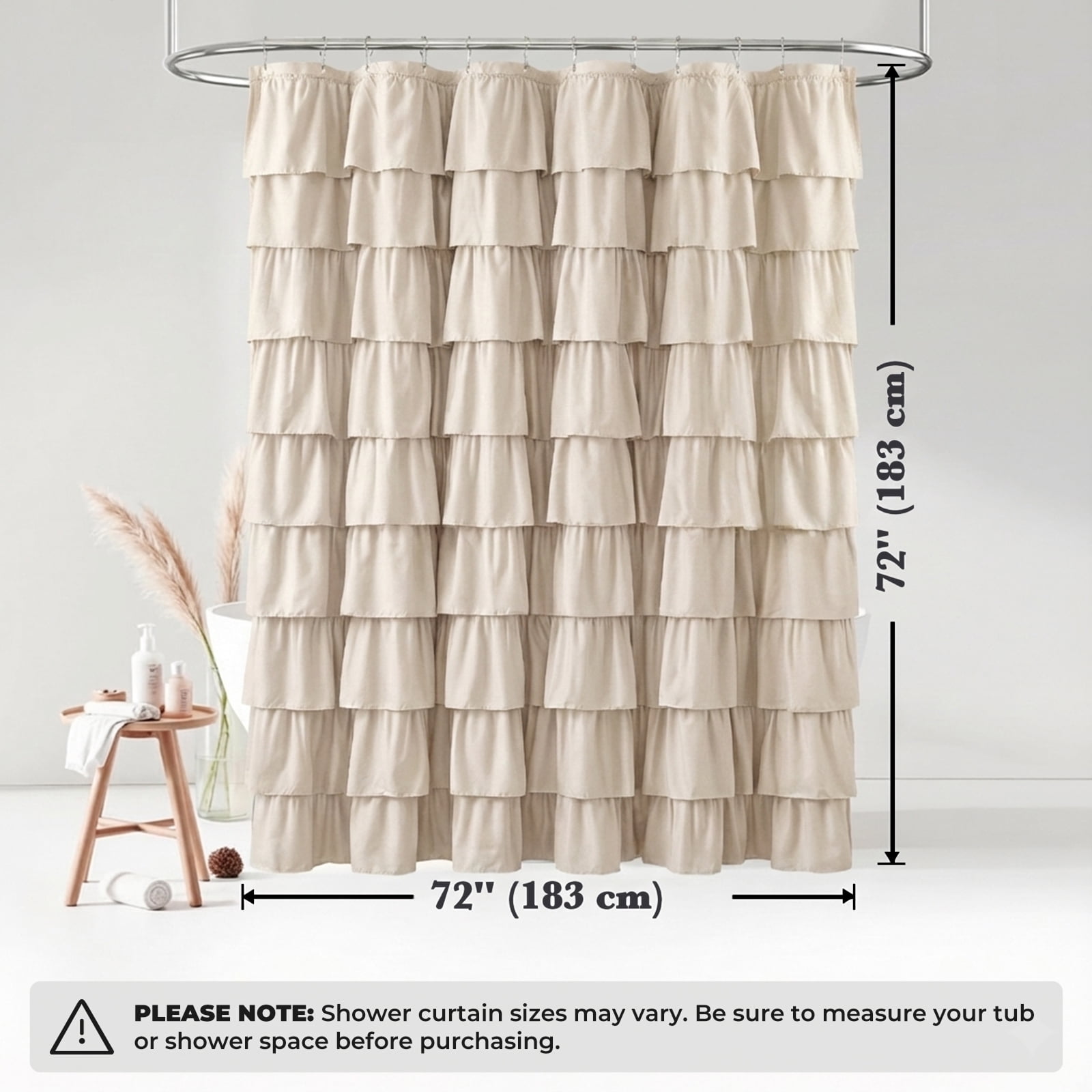 Seasonwood Beige Ruffle Shower Curtain,72" x 72" Farmhouse Fabric Bathroom Curtain