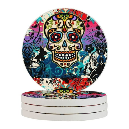 

Circular Drink Coasters Set Mexican Sugar Skull Day Of The Dead Dia Beautiful Home Decor Diatomite Heat-Resistant Diatomite Protect Table Countertop