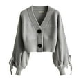 thumbnail image 4 of Wang6 Womens Chunky Cropped Cardigan Sweaters White Fall Open Front Button Knit Sweater Long Sleeve Knitted Tops Causal V Neck Loose Lantern Sleeves Outwear Grey One Size, 4 of 4