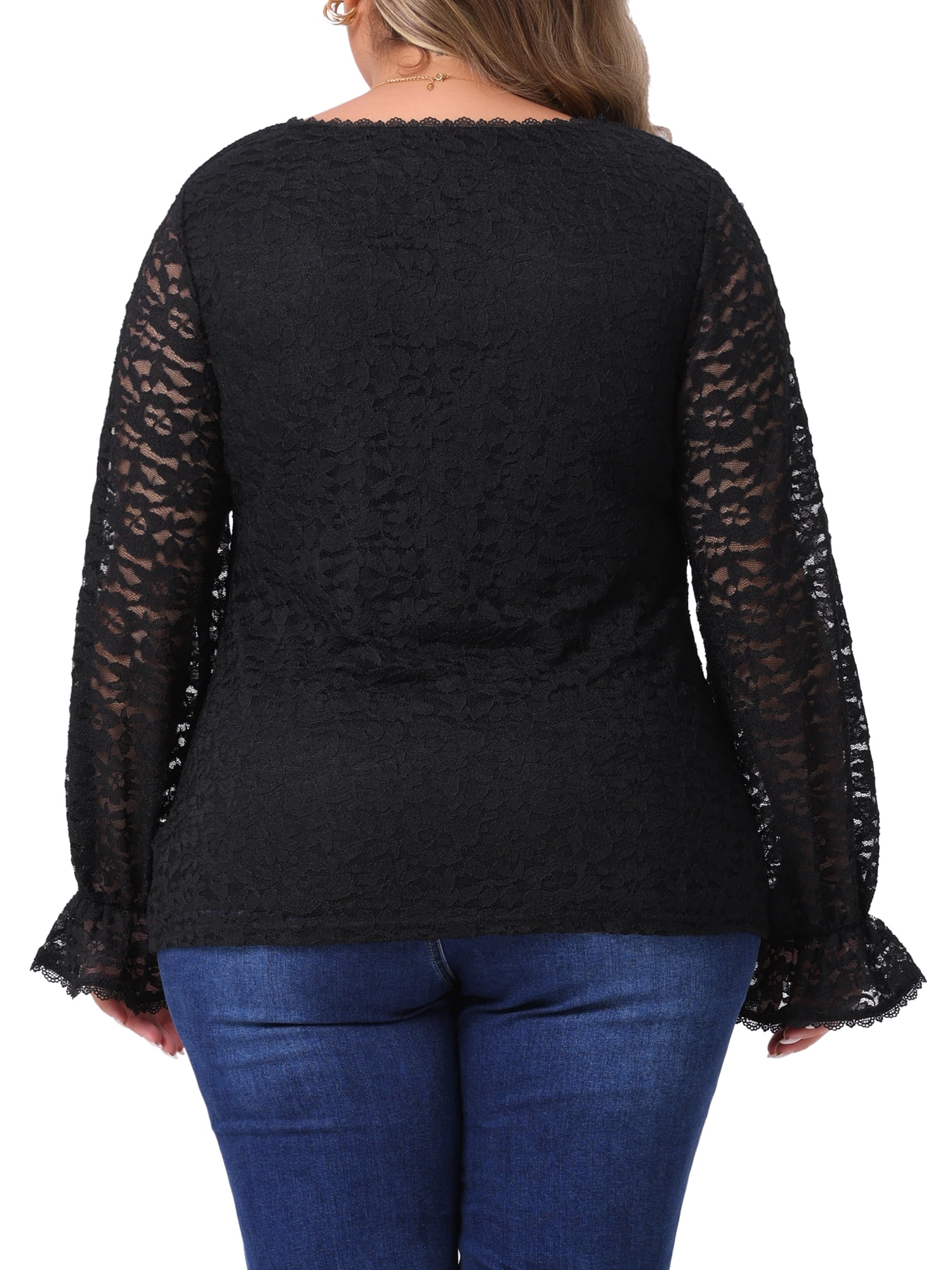 DARING DIVA Women's Plus Lace V Neck Long Sleeve Blouse 2X Black