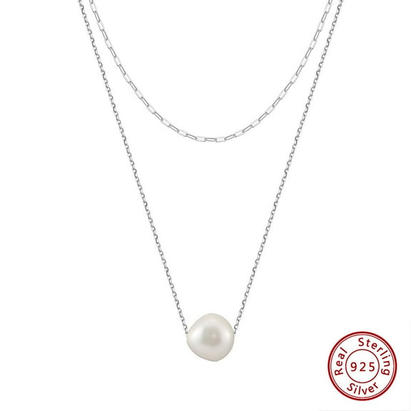 1pc Round Natural Freshwater Pearl Pendant Necklaces Rhodium Plated 925 Sterling Silver Double Layer Necklaces for Women Real Platinum Plated 13.90 inch(35.3cm)