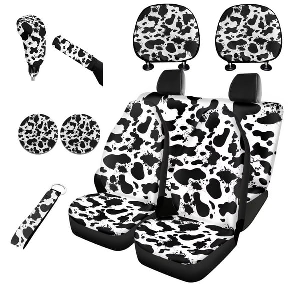 Garronmavis Cow Point Print Automotive Seat Covers 11 Pack Polyester Interior Decor Full Set with Auto Headrest Cover Handbrake Gear Shift Knob Cover Auto Cup Coaster Wristlet Keychain