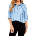 thumbnail image 6 of Xuanfei Women Stripe Lapel Collar Button Up Half Sleeve Split Hem Top, 6 of 8